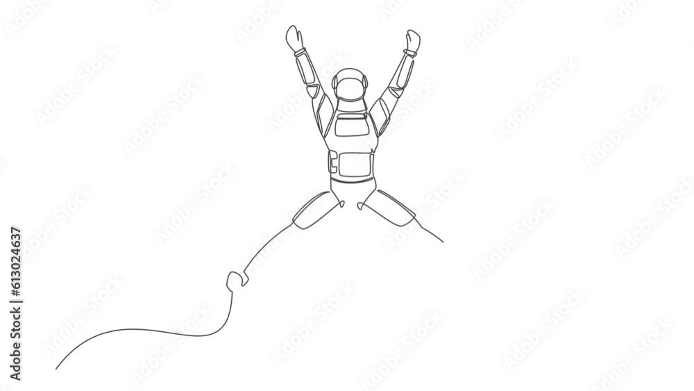 Poster animated self drawing of continuous line draw happy astronaut jumping with raised his arms and legs.