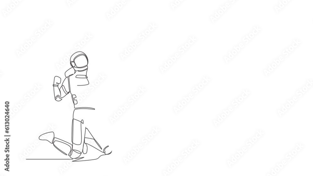 Poster self drawing animation of single line draw astronaut kneeling with raised one hand high and raised o