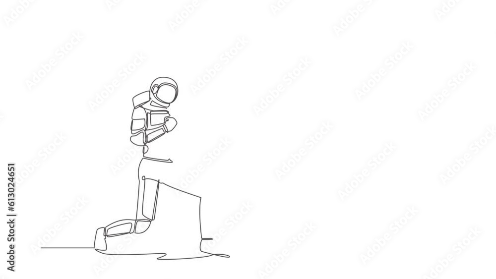 Poster animated self drawing of continuous line draw astronaut standing with raise one hand and the other h