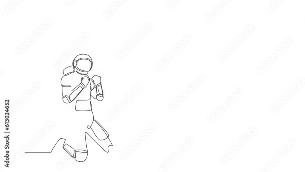 Poster animated self drawing of single continuous line draw astronaut kneeling with both hands yes gesture.