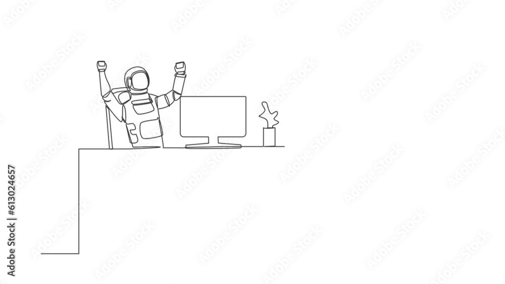 Poster self drawing animation of single line draw astronaut sitting with raised hands near desk computer. s