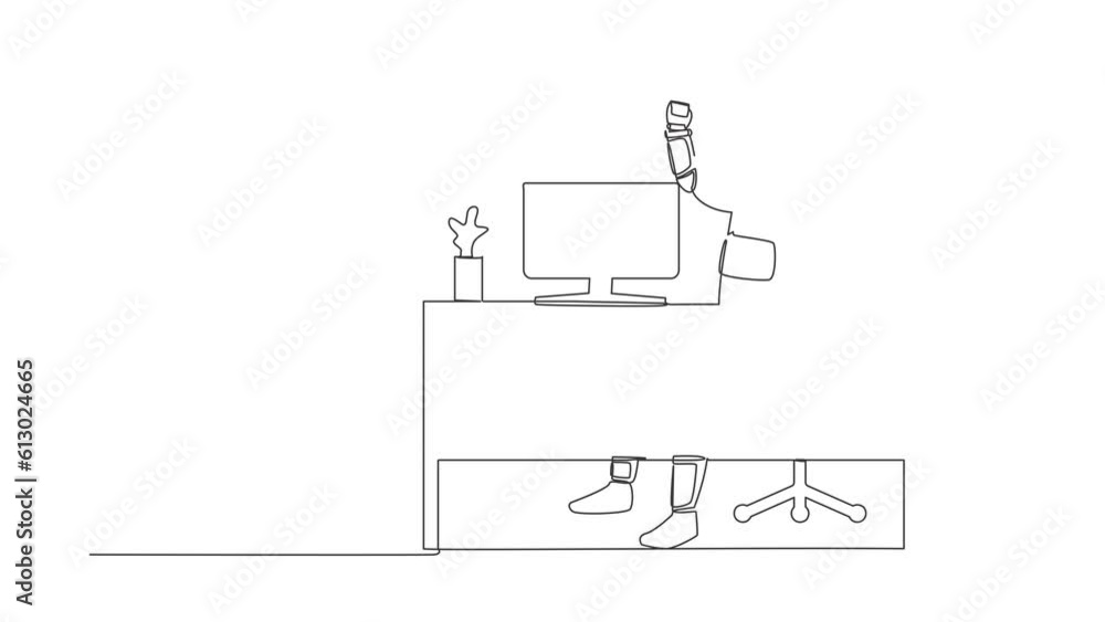 Poster animated self drawing of continuous line draw astronaut sitting on workplace with raised hands. miss
