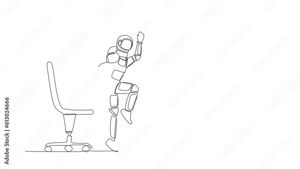 Poster animated self drawing of single continuous line draw astronaut jumping and dancing on his computer d