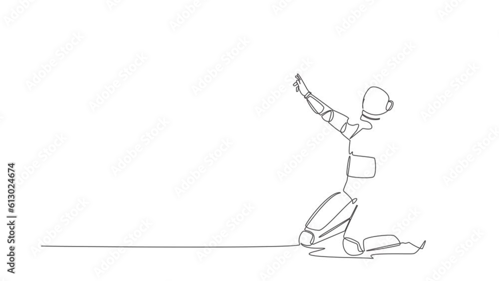 Poster self drawing animation of single line draw astronaut kneeling with celebrating goal pose. successful
