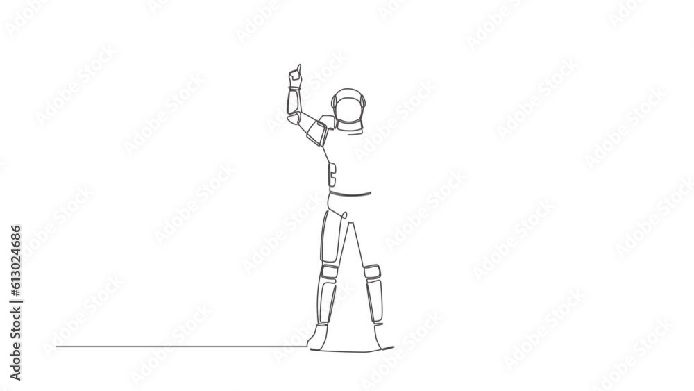 Poster animated self drawing of continuous line draw astronaut standing with both hand pointing index finge