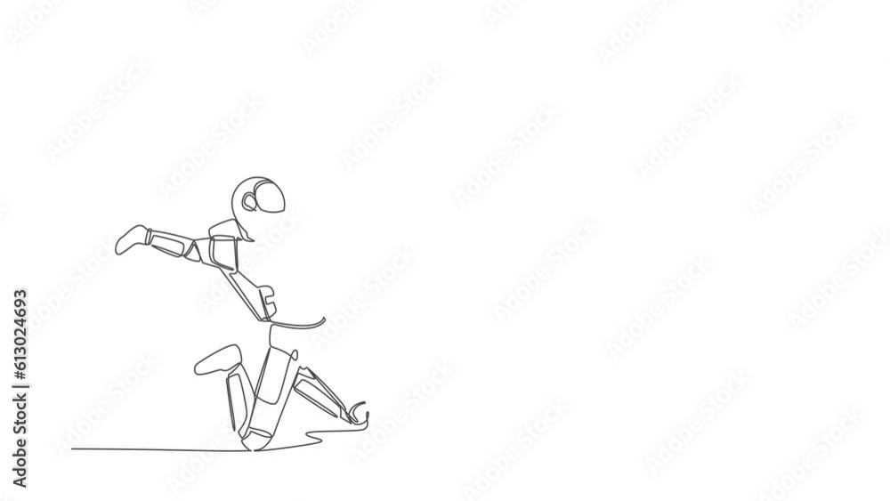 Poster animated self drawing of continuous line draw happy astronaut jumping with raised legs and spread ar