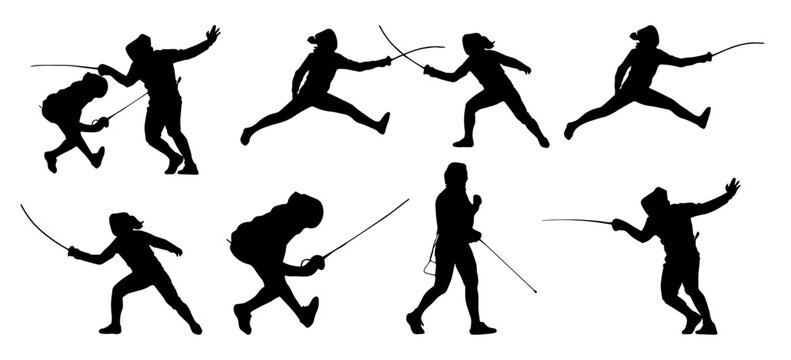 silhouettes of fencers in action isolated against a transparent background 