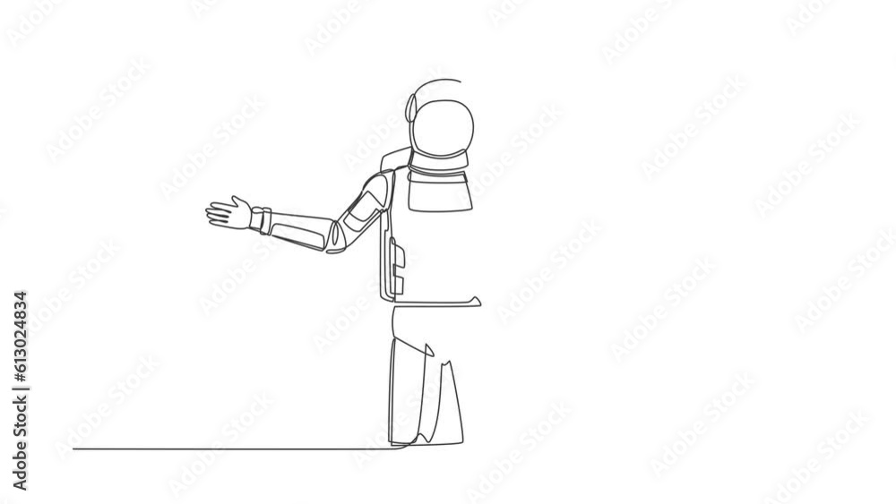 Poster self drawing animation of single one line draw young astronaut standing with showing something or pr