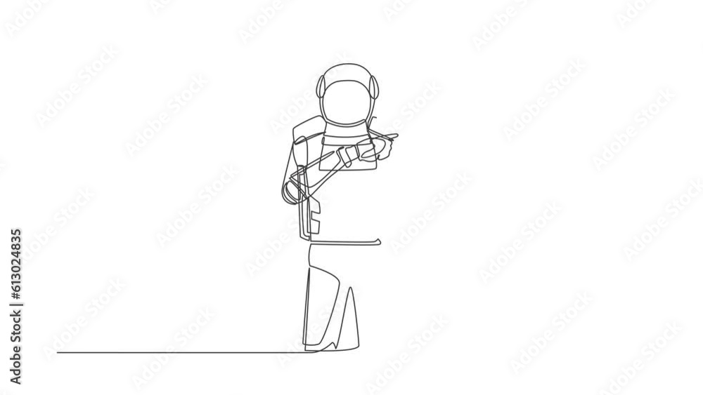 Poster self drawing animation of single line draw astronaut pointing away hands together and showing or pre