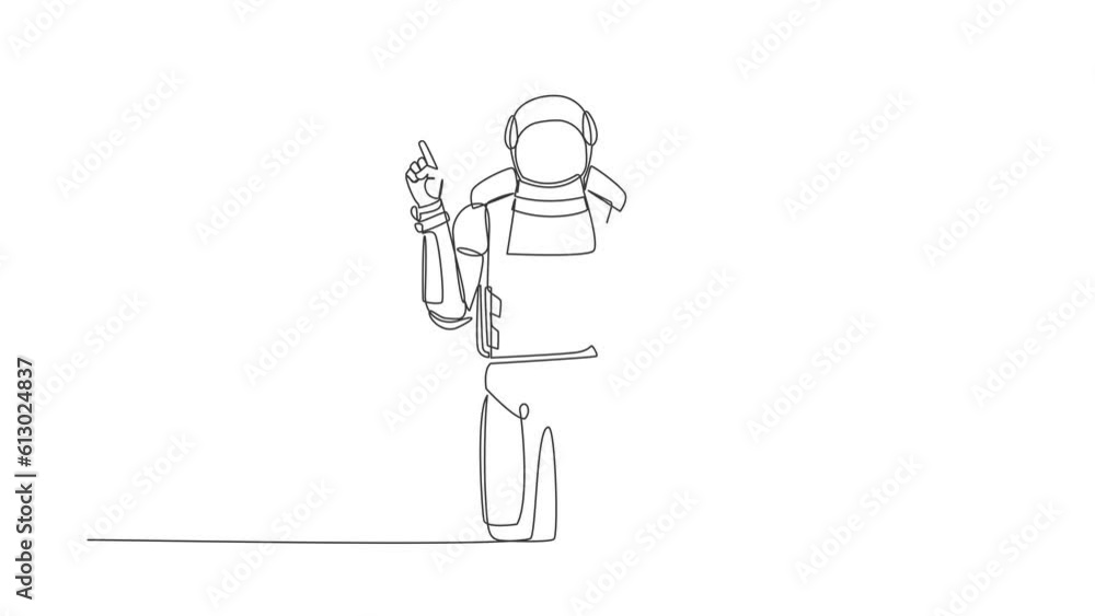 Poster animated self drawing of continuous line draw young astronaut standing with finger index up gesture 