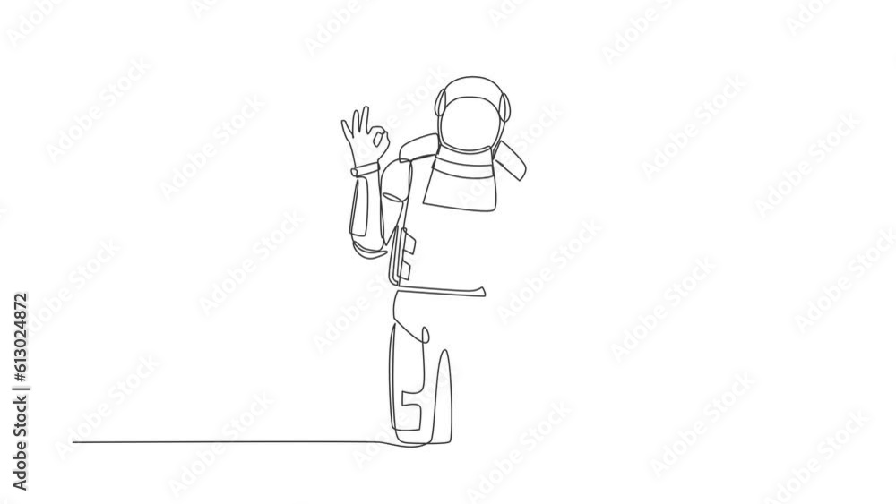 Aufkleber animated self drawing of continuous line draw young astronaut gesturing ok sign with fingers in moon