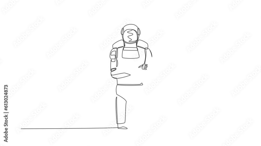 Poster self drawing animation of single line draw young astronaut standing with folded arms pose. future sp