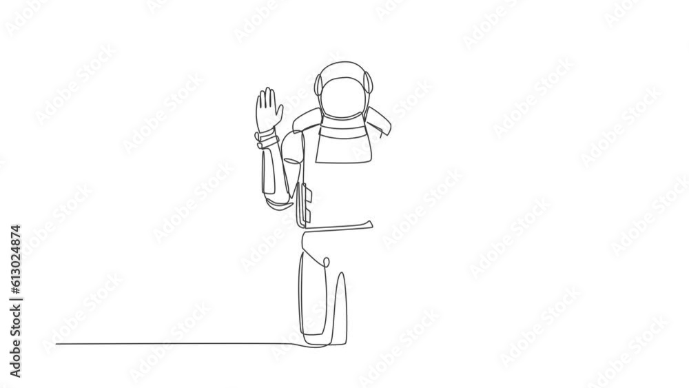 Poster animated self drawing of single continuous line draw young astronaut standing with palm as stop sign