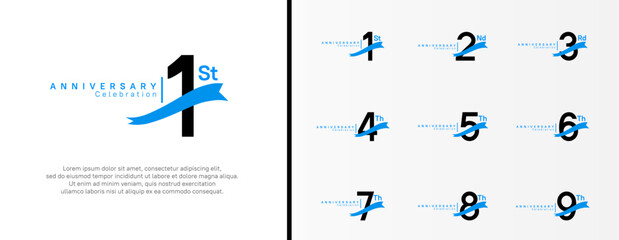 set of anniversary logo flat black color number and blue ribbon on white background for celebration