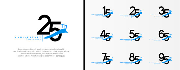 set of anniversary logo flat black color number and blue ribbon on white background for celebration - obrazy, fototapety, plakaty