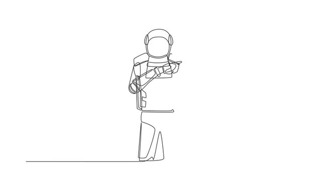 Self drawing animation of single line draw astronaut pointing away hands together and showing or presenting something in moon surface. Cosmic galaxy space. Continuous line draw. Full length animated