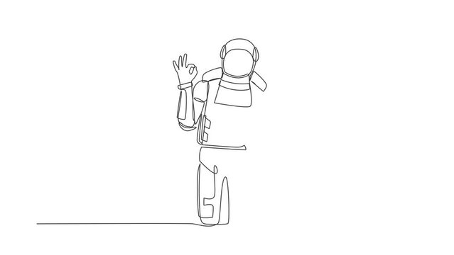 Animated self drawing of continuous line draw young astronaut gesturing ok sign with fingers in moon surface. Okay sign gesture. Future technology. Cosmonaut deep space. Full length one line animation