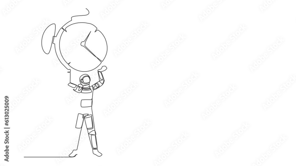 Poster self drawing animation of single line draw of astronaut lifting up big alarm clock in moon surface. 
