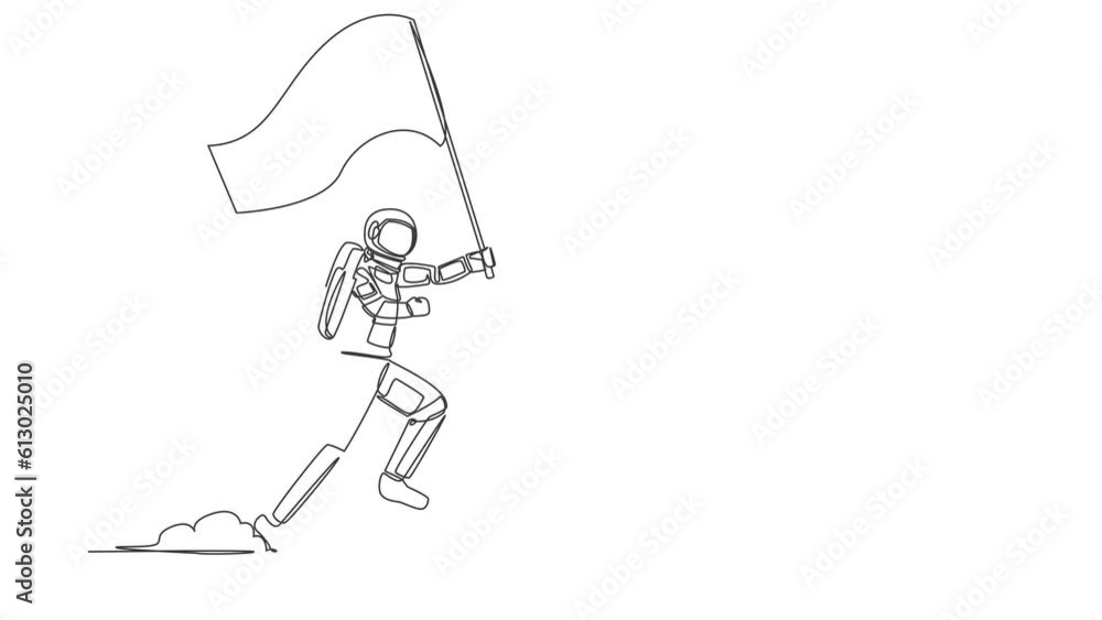 Poster animated self drawing of continuous one line draw astronaut running holding flag beside horse chess.