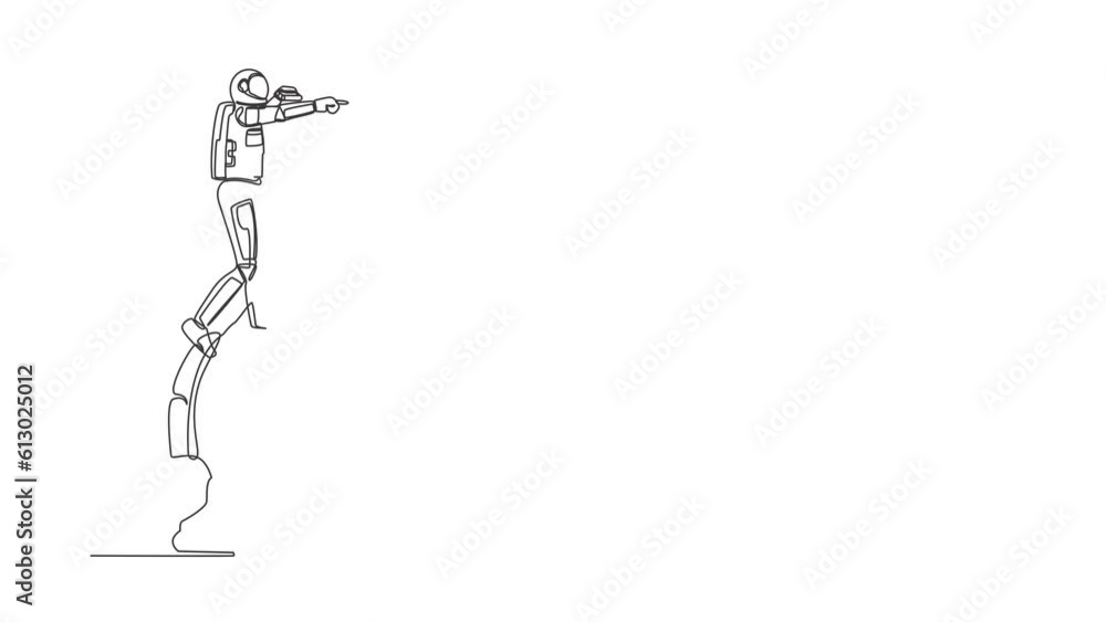 Poster animated self drawing of single continuous line draw astronaut on top big horse chess piece using bi