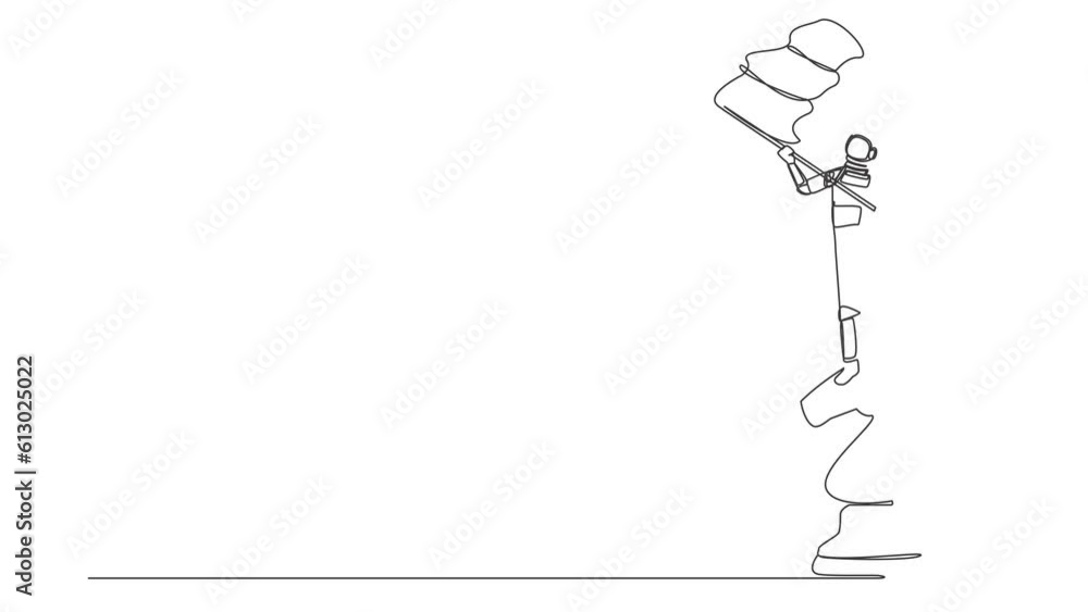 Poster animated self drawing of continuous line draw young astronaut standing on top of big chess horse kni