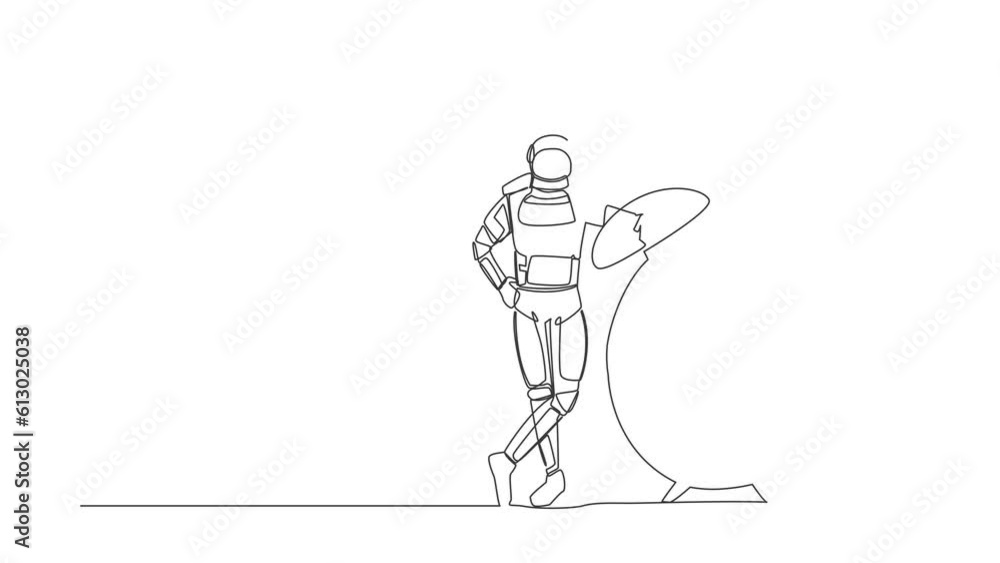 Poster self drawing animation of single line draw astronaut lean on big alarm clock in moon surface. time m