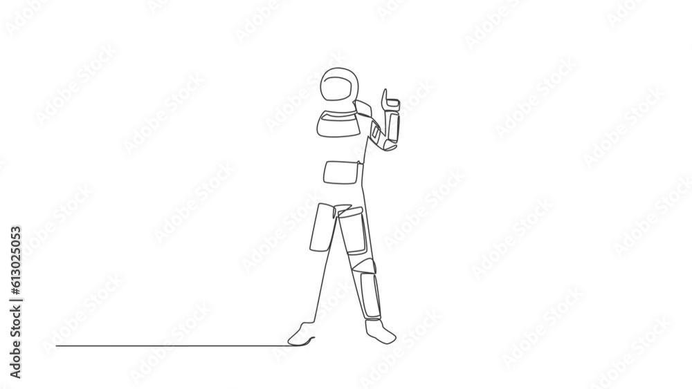 Poster self drawing animation of single one line draw young astronaut holding clipboard and pointing index 