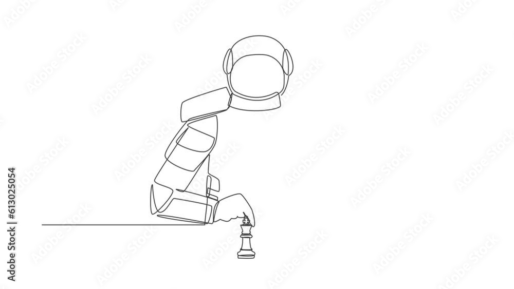 Poster animated self drawing of continuous line draw of astronaut sitting and moving forward chess king pie