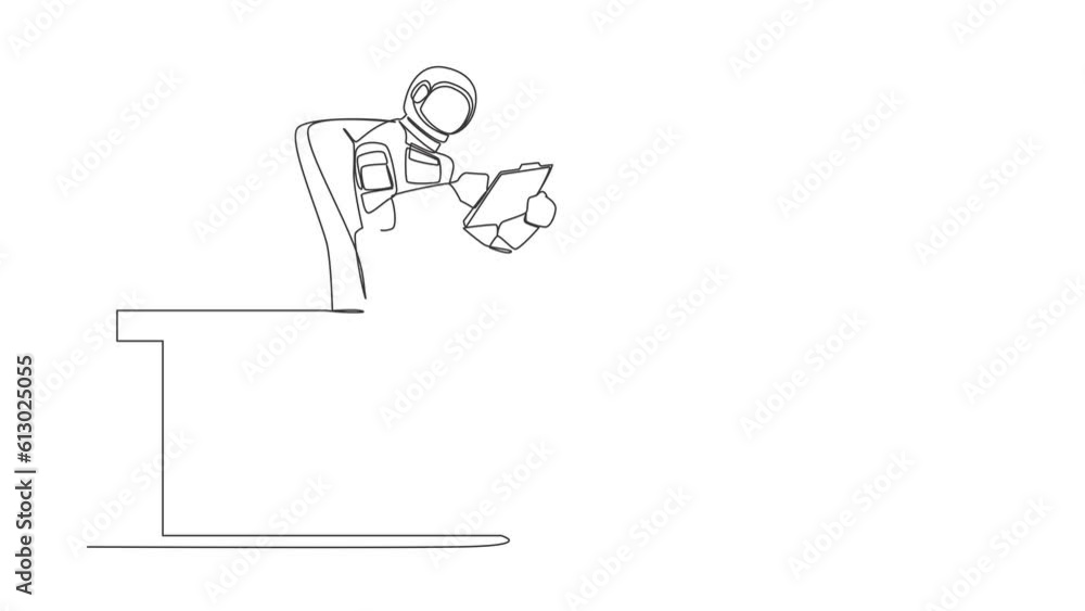 Poster self drawing animation of single line draw astronaut sitting on chair near office desk and showing c