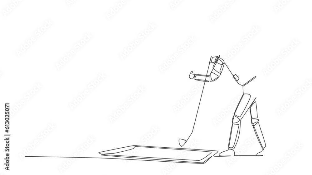 Poster animated self drawing of continuous line draw young astronaut standing near big checklist and fills 