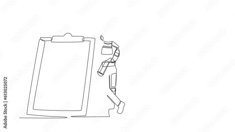 Aufkleber self drawing animation of single line draw astronaut holding big pencil lean on clipboard in moon. c