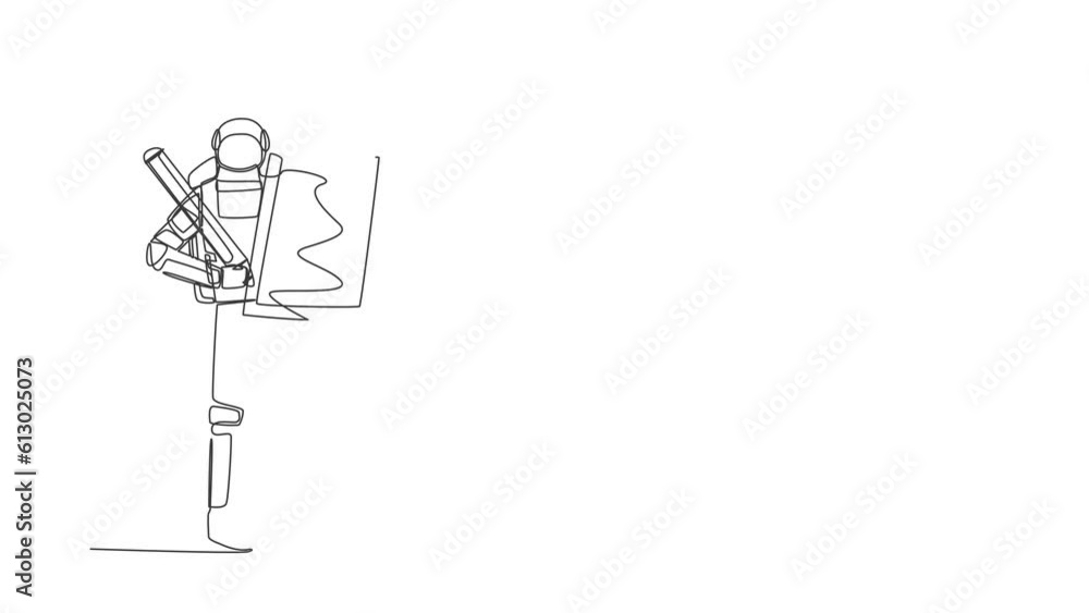 Poster animated self drawing of continuous line draw young astronaut standing and holding clipboard with ch