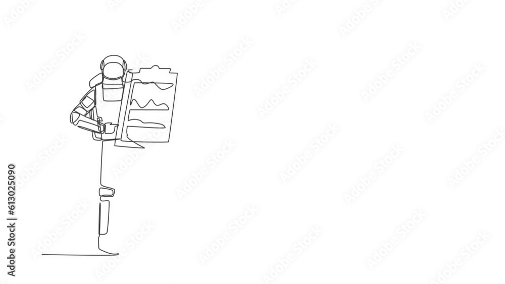 Poster animated self drawing of continuous line draw young astronaut standing and pointing big clipboard in