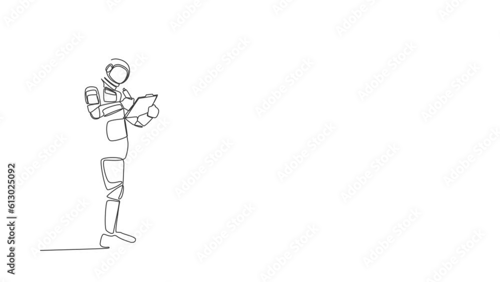 Poster self drawing animation of single line draw astronaut standing and writing on clipboard. future space