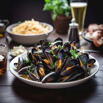 Belgium Moules-frites (Mussels and Fries) in a Lively Seafood Market Scene