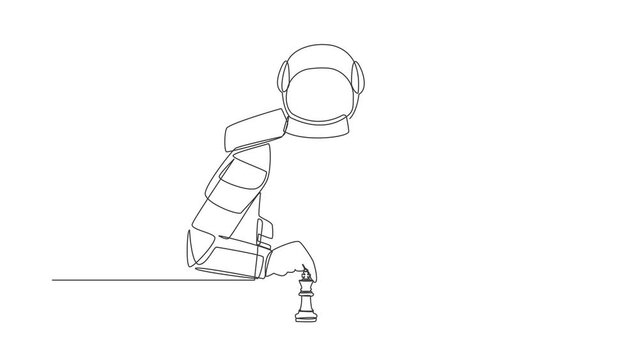 Animated self drawing of continuous line draw of astronaut sitting and moving forward chess king piece. Tactic and strategy in space company. Cosmonaut outer space. Full length single line animation