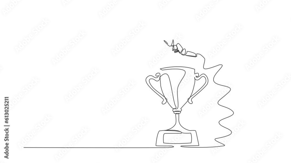 Poster animated self drawing of continuous line draw young astronaut jumping over big trophy. challenge or 