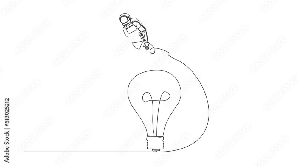Aufkleber self drawing animation of single line draw astronaut jumping over big light bulb. innovation transfo
