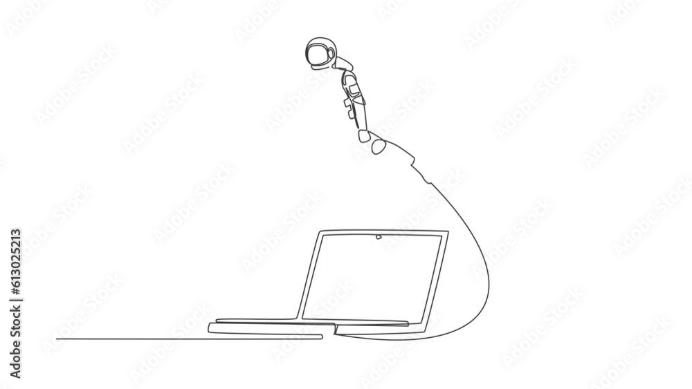 Poster animated self drawing of single continuous line draw young astronaut jumping over laptop. office sys