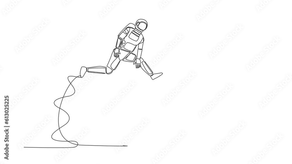 Poster self drawing animation of single line draw astronaut jump over big briefcase. professional suitcase 