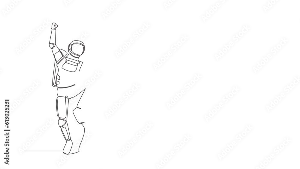 Poster self drawing animation of single line draw of astronaut jump with folds one leg and raises one hand.