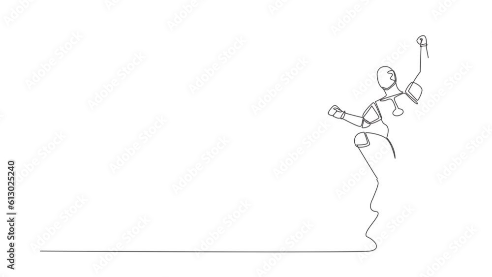 Poster self drawing animation of single one line draw robot jump with folds one leg, raises one hand. winni