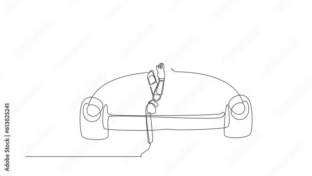 Poster self drawing animation of single one line draw astronaut sitting on couch with cover face, feeling g
