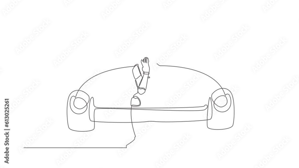 Poster self drawing animation of single one line draw lonely robot sitting on couch. holding his head. fail