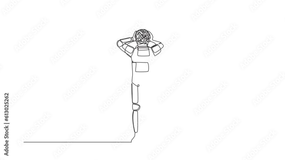 Poster animated self drawing of continuous line draw young astronaut with round scribbles instead of head. 