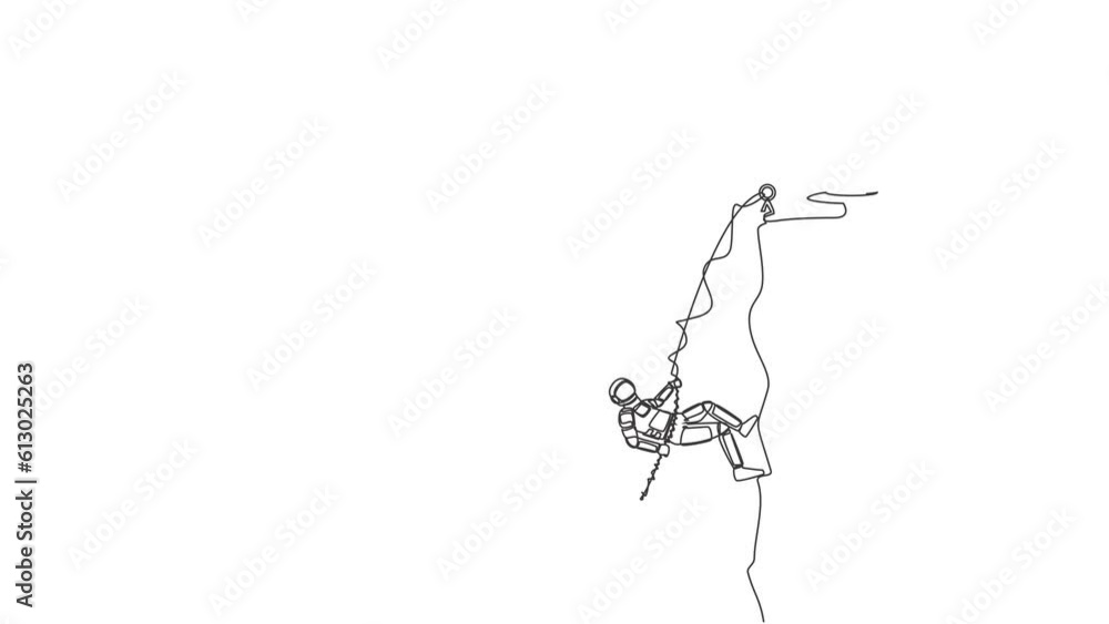 Poster animated self drawing of continuous line draw of astronaut climber hanging on rope on top rocky clif