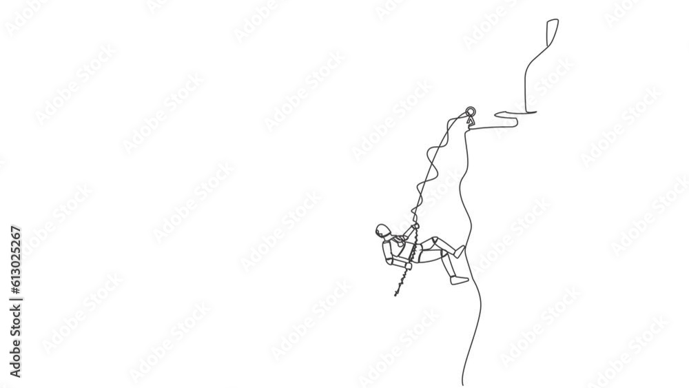Poster animated self drawing of continuous line draw robot climber hanging on rope pulling himself on top o