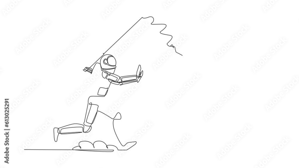 Poster animated self drawing of continuous line draw astronaut chasing bait of money bag from himself. fool