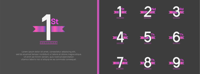 set of anniversary logo white color number and purple ribbon on black background for celebration