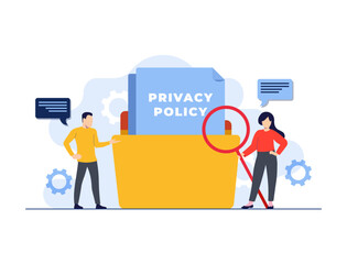 Male and female characters with privacy policy document flat illustration vector concept, Illustration for websites, landing pages, mobile applications, posters, and banners.